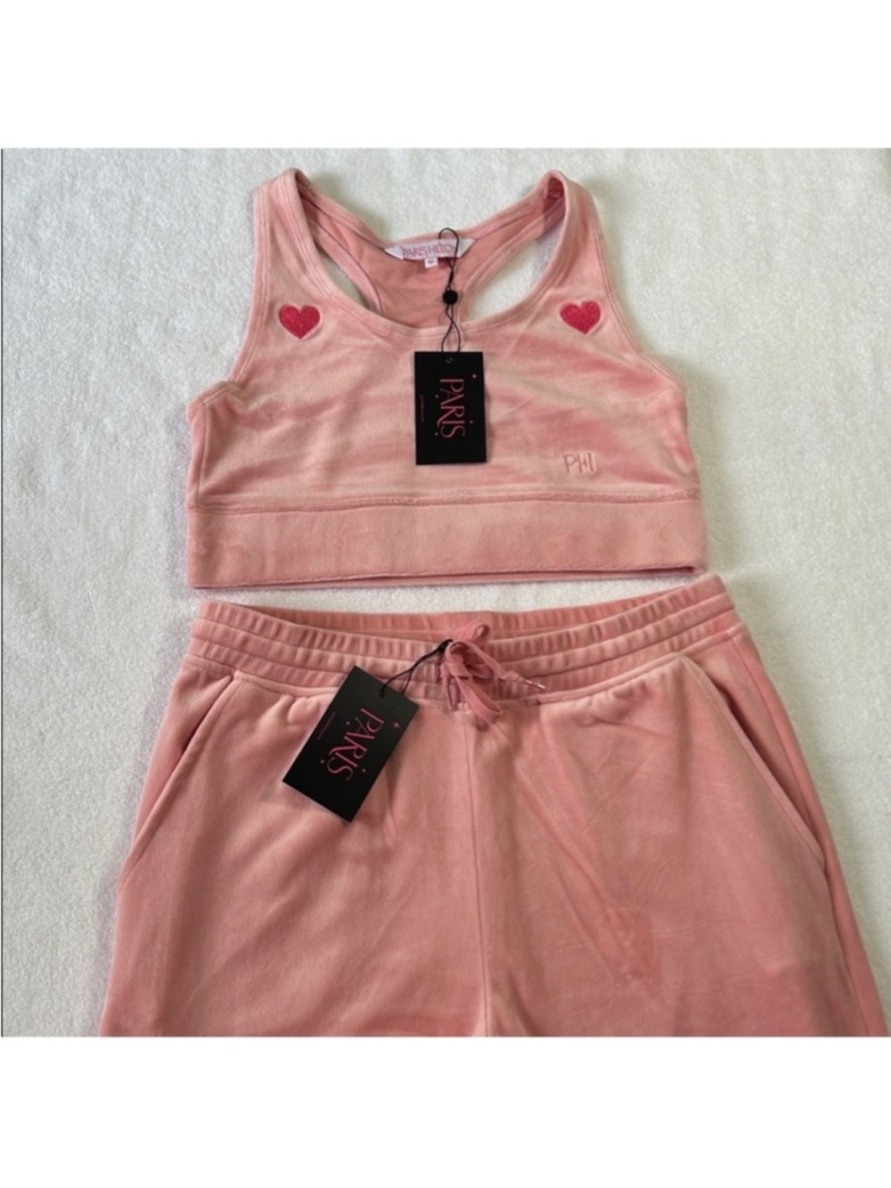 Paris Hilton Medium Set Masterpiece Pants Heart Sports Bra Pearl Blush pink NWT - Picture 11 of 15